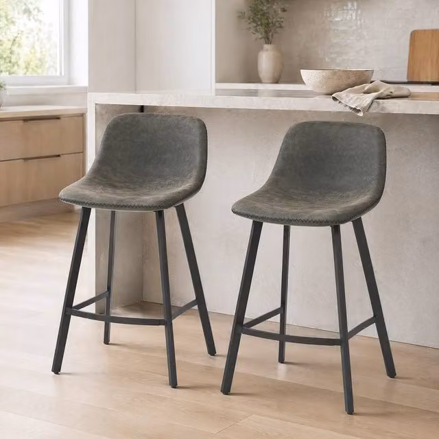 STILVORA Set of 2 Modern Grey Faux Leather Bar Stools with Metal Frame – 1