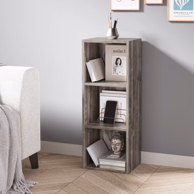 DHS Modern 3-Shelf Cube Storage Unit and Tall Narrow Bookshelf in Coach Wood