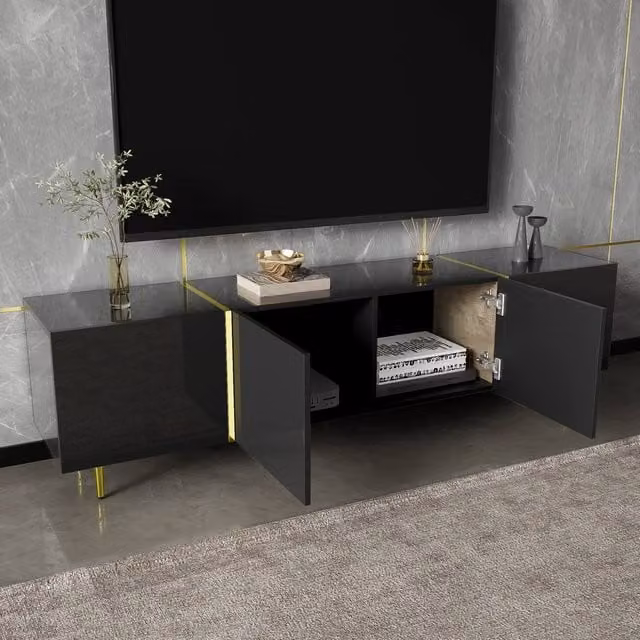 BTM Modern High Gloss Four Door TV Cabinet in Black and Gold