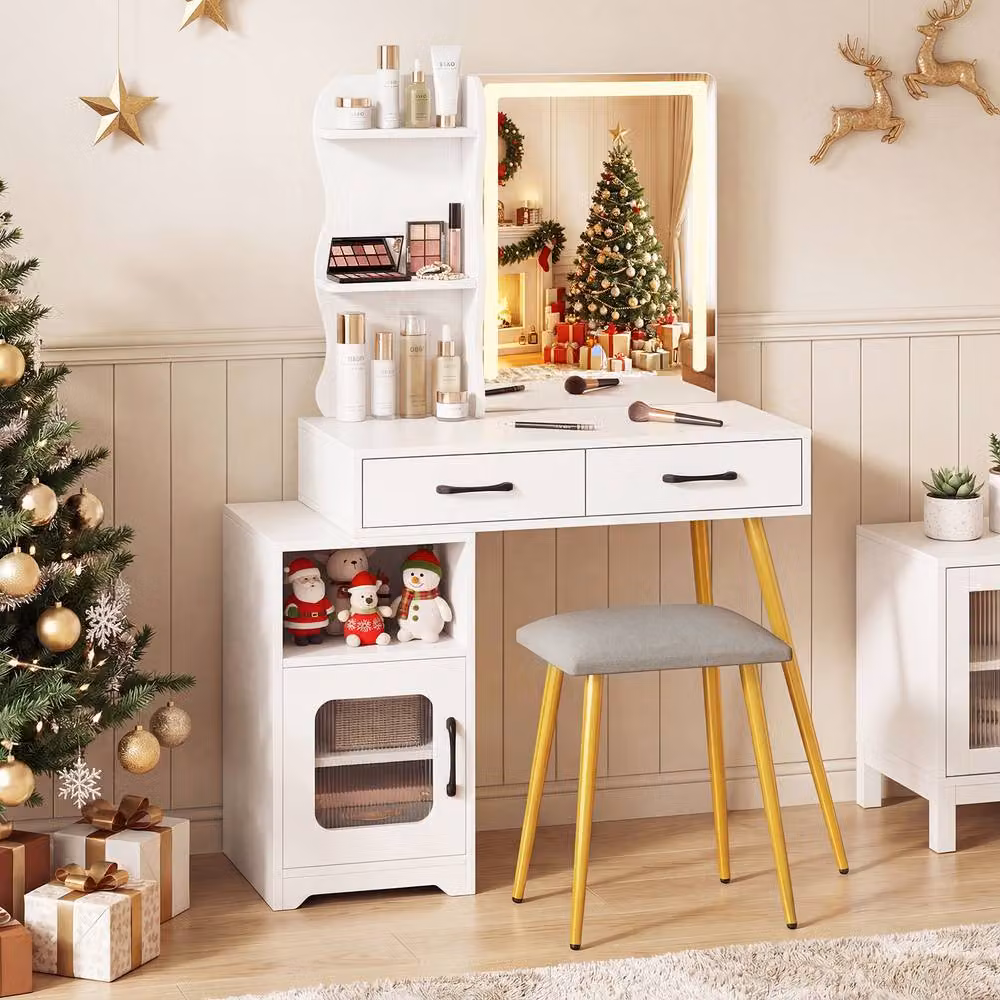 Costway Modern White and Gold Vanity Set with Hollywood LED Lights, Drawer and Stool – 3