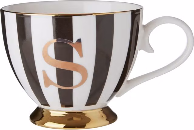 Orsina Duchess Striped Bone China Monogram Mug in Black, White and Gold – 1
