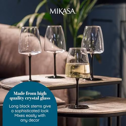Mikasa Palermo Crystal White Wine Glasses Set of 4, 400ml, Transparent with Black Stem – 3