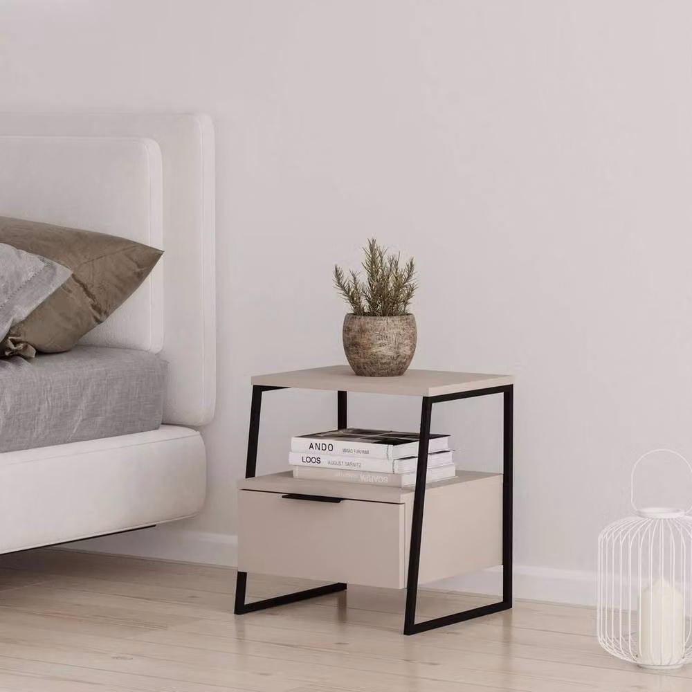 VOGREX Sandstone 1 Drawer Nightstand with Black Metal Frame in Beige – 3