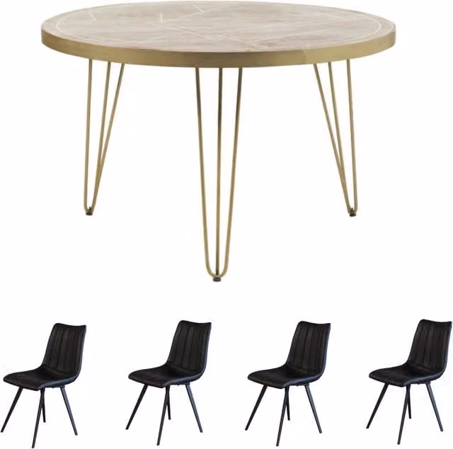 IH Design Dallas Modern Round Mango Wood Dining Table Set with 4 Chairs in Brown, Gold and Beige