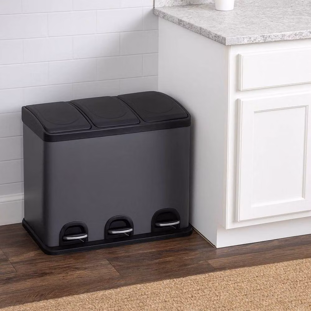 Hinsinc 45L Triple Compartment Stainless Steel Pedal Bin in Black – 6