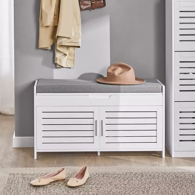 SoBuy Modern White Shoe Bench and Cabinet with Folding Padded Fabric Seat