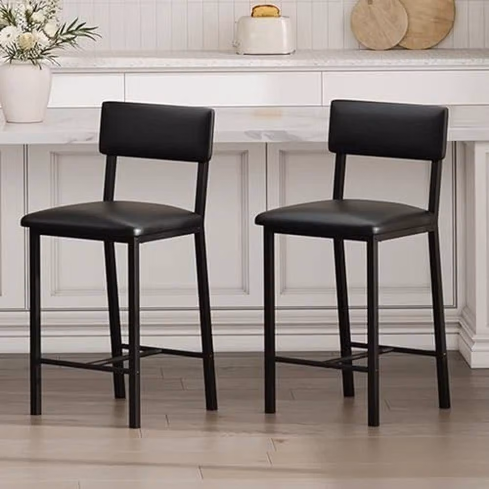 VOGREX Set of 2 Modern Black Kitchen Bar Stools with Synthetic Leather Cushions and Metal Footrests – 3