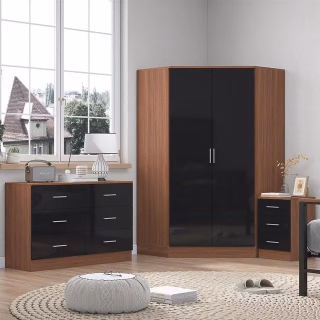 Reflect Bedroom Furniture Bundle with Corner Wardrobe, 6 Drawer Chest and 3 Drawer Bedside in Gloss Black and Matt Walnut – 1