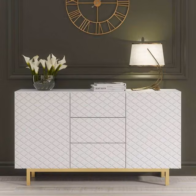 Creative Furniture Diamond Luxe Geometric Sideboard in White and Gold, W: 140 cm, H: 80 cm, D: 35 cm