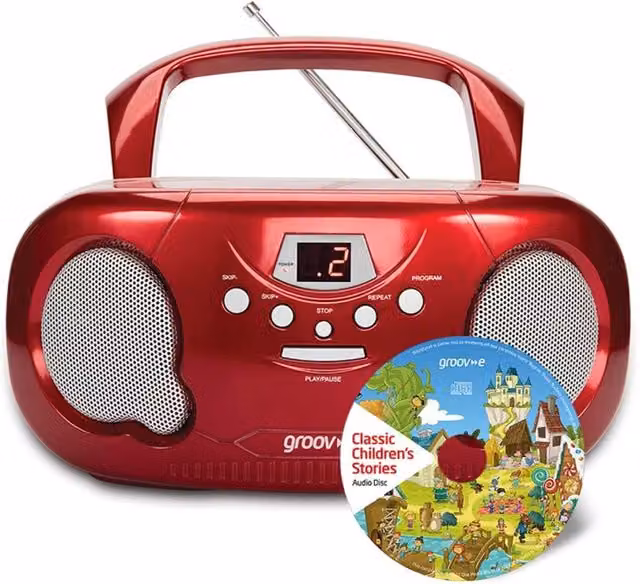 Groov-e Original Boombox Portable CD Player with Childrens Stories CD in Red