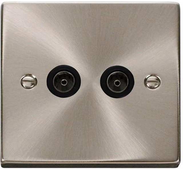 SE Home Satin Brushed Chrome 2 Gang Twin Coaxial TV Socket in Metallic Silver