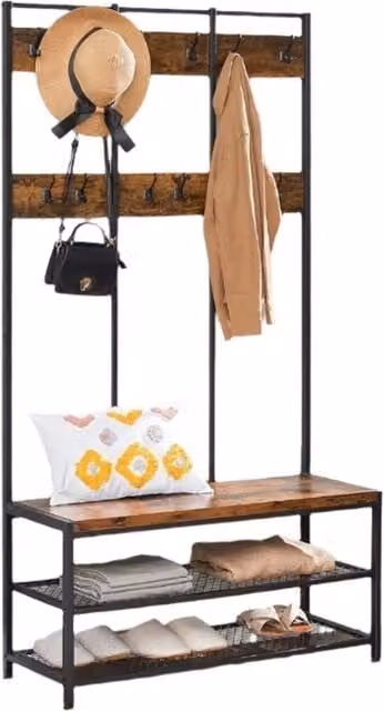 Modcraft Industrial Hall Tree with Bench and Shoe Rack, Brown and Black