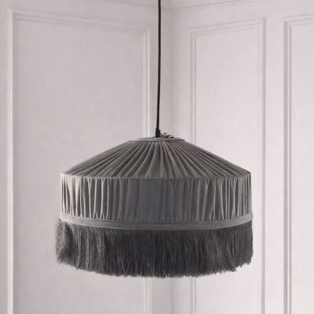 CGC Lighting Victoria Velvet Fringe Lampshade in Grey, Pleated Tassel Round Pendant Shade, Diameter: 40 cm – 1