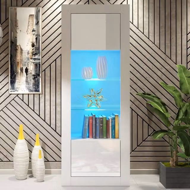 Creative Furniture Illume Modern Display Cabinet in White with Glossy Glass Doors and Integrated LED Lighting, H 170 x W 63 x D 35 cm – 1