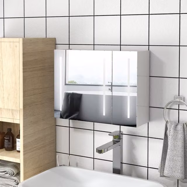 kleankin White High Gloss LED Lighted Wall Mounted Bathroom Mirror Cabinet with Hinged Doors