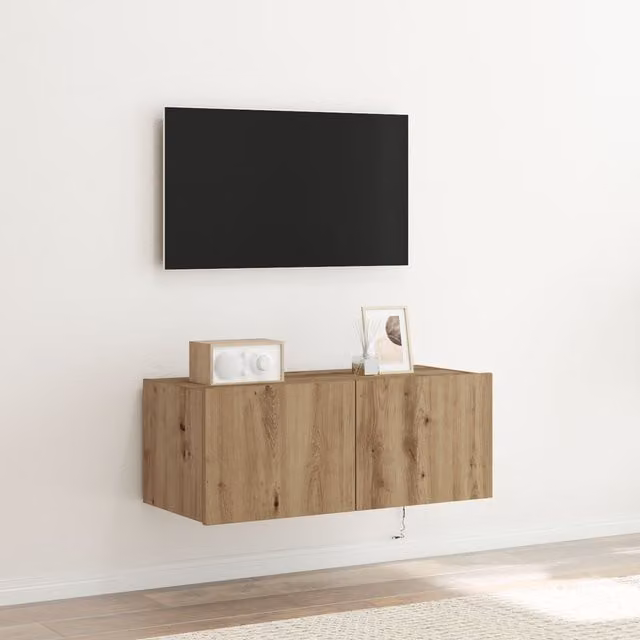 Berkfield Home Artisan Oak TV Wall Cabinet with Integrated LED Lights, Brown, W/D/H: 80 x 31 x 31 cm – 1