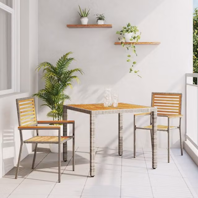 Berkfield Home 3 Piece Grey Poly Rattan and Acacia Wood Garden Dining Set