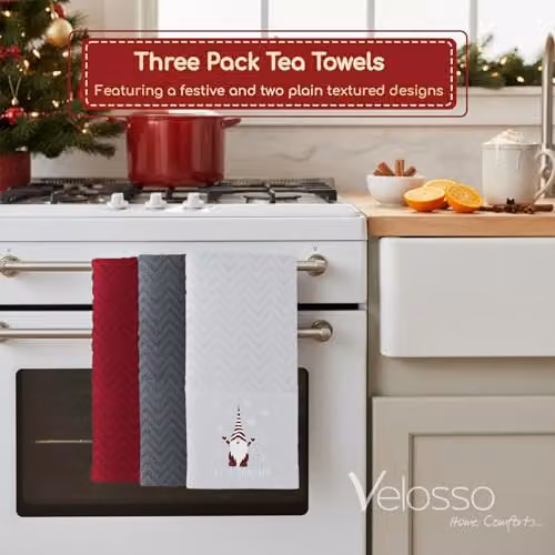 Velosso 3 Pack Christmas Tea Towel Set with Let It Sgnome Graphic Design, Absorbent Cotton Kitchen Towels in Green, Red, Grey and White – 2