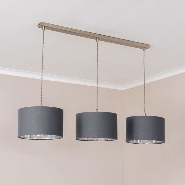 ValueLights Reni 3 Drop Bar Metallic Shade Pendant Ceiling Light in Brushed Chrome and Grey