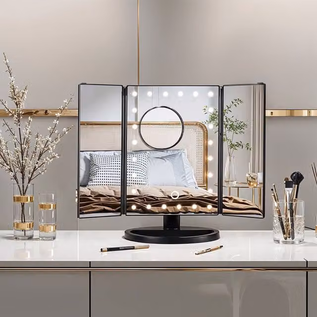 Komore Rechargeable Tri-Fold LED Makeup Mirror in Black