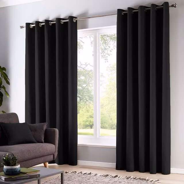 Fusion Sorbonne 100% Cotton Light Filtering Plain Dyed Eyelet Curtains in Black, Width: 168 cm, Drop: 137 cm – 3