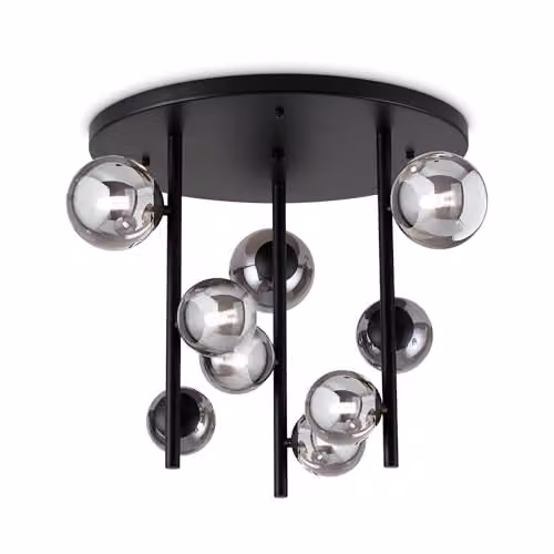 Ideal Lux Perlage 9 Light Globe Ceiling Light in Black with Amber Glass Shades