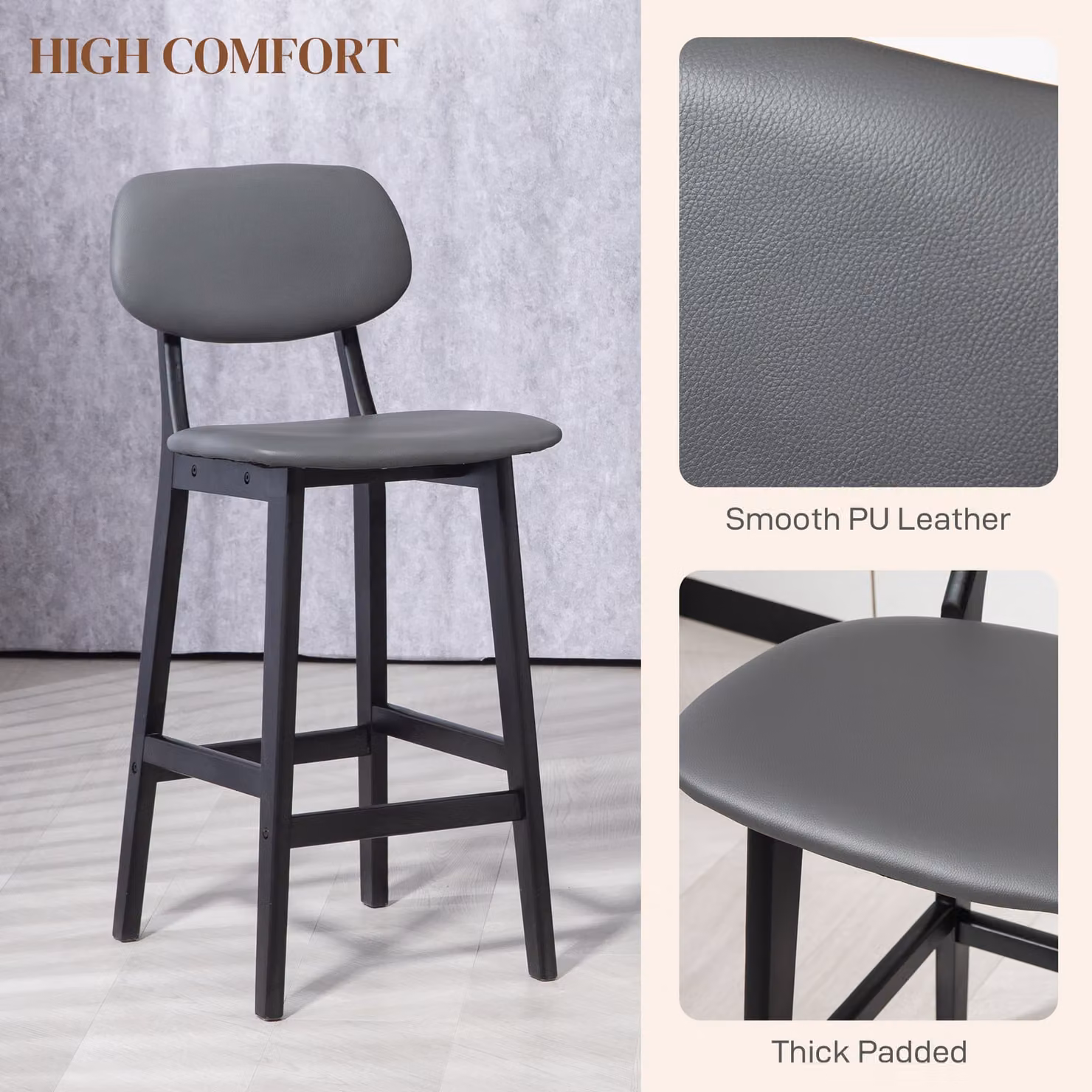 HOMCOM Set of 2 Modern Faux Leather Upholstered Breakfast Bar Stools with Backs and Wood Legs in Dark Grey – 5