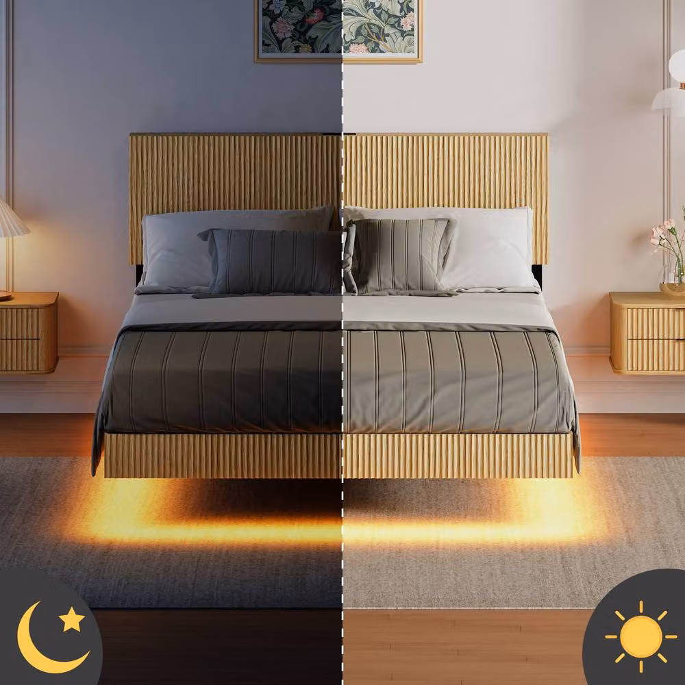 Matteo Modern Floating Bed Frame in Brown with LED Under-Bed Lighting and USB Charging Ports, W/D/H: 140 x 200 cm – 3