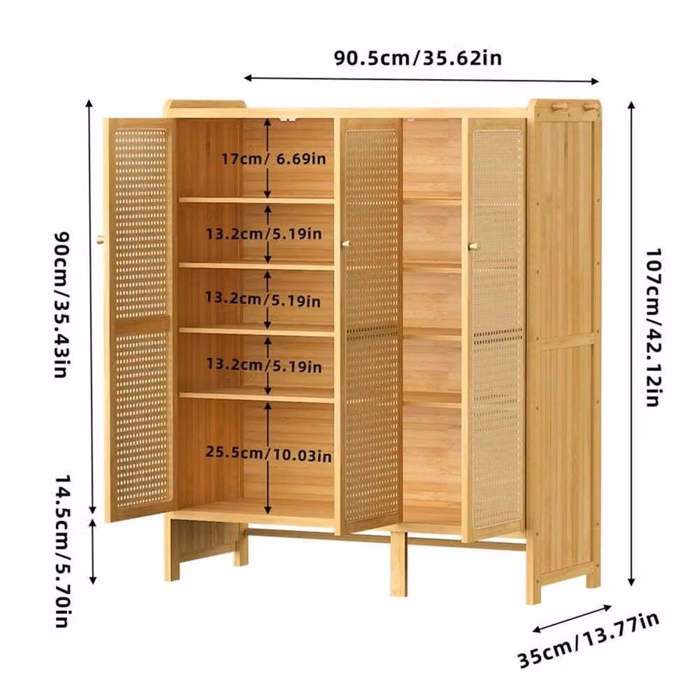 KORVIXA Freestanding 20-Pair Shoe Storage Cabinet in Sand with Rattan Hinged Doors, W/D/H: 100 x 20 x 100 cm – 2