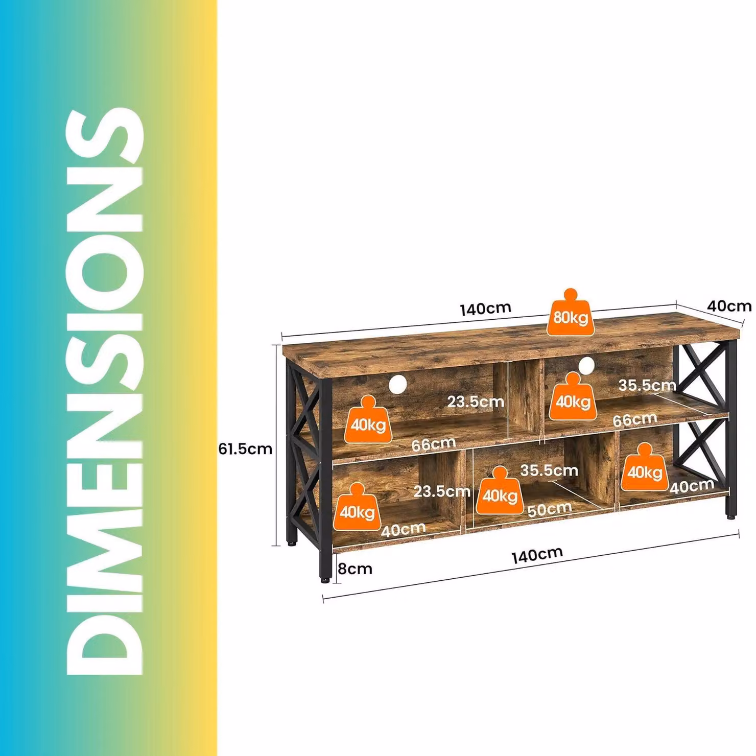 Pirlo Plush Industrial Rustic Brown 3 Tier TV Stand Unit with Open Shelves, W: 139.7 cm, D: 40.64 cm – 3