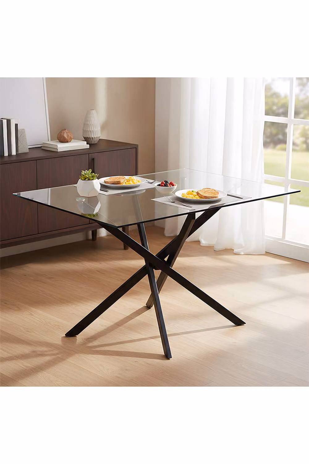 Living and Home Industrial Tempered Glass Side Table with Metal X-Frame Legs in Transparent – 2