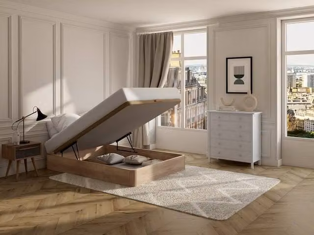 Vente-unique Hestia Ottoman Storage Bed Base in Light Oak and Beige Fabric, W/D/H: 190 x 140 x 30 cm