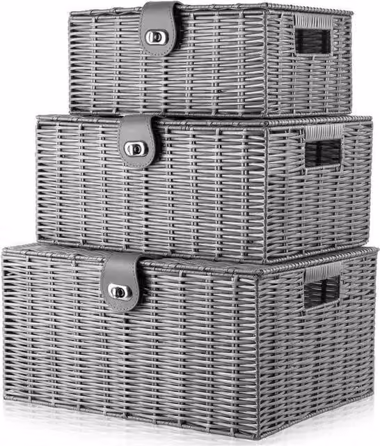 Kelvenix Set of 3 Grey Wicker Resin and Metal Storage Baskets – 1