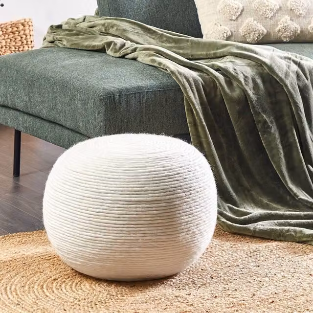 Wyld and Coco White Handwoven Wool Pouf, Round Boho Ottoman, Diameter: 50 cm – 1