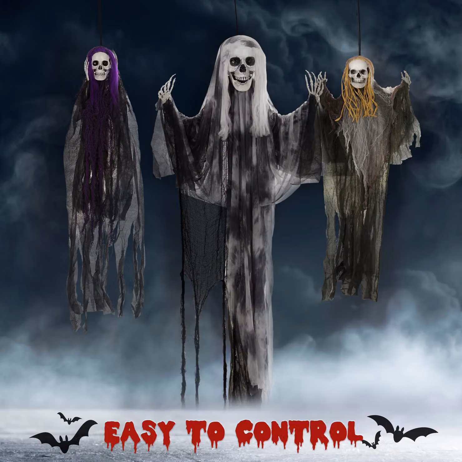 HOMCOM Set of 3 Multicolour Hanging Skeleton and Flying Ghost Halloween Decorations – 4