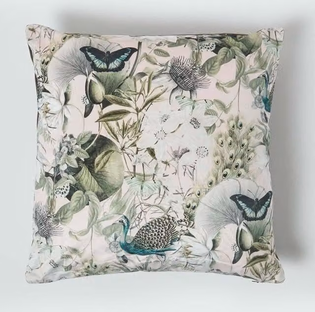 Homescapes Grey and Pink Floral Butterfly Reversible Velvet Decorative Cushion with Microfibre Insert, W/D/H: 46 x 46 x 46 cm