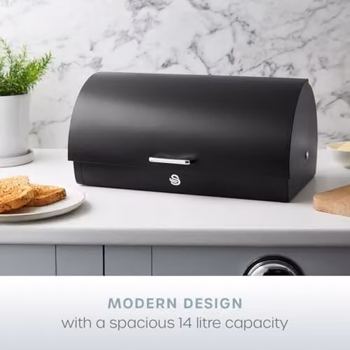Swan Serenity Bread Bin with Roll Front Lid and Ventilation, 14 Litre, Black – 2