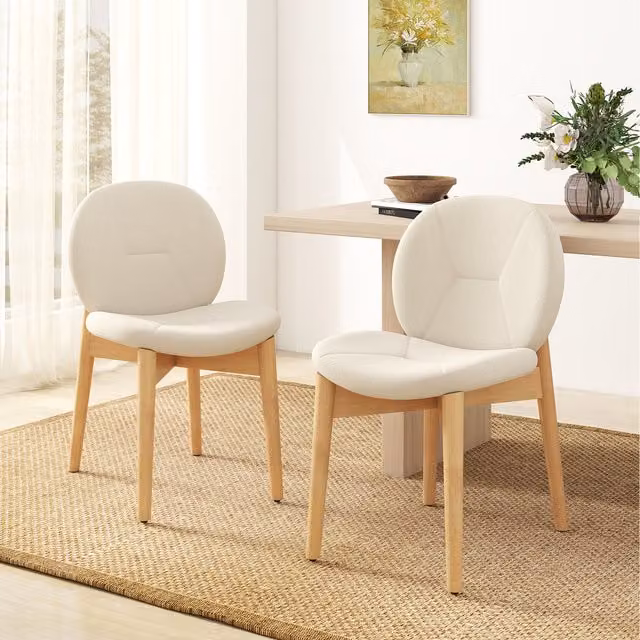 Set of 2 COSTWAY Scandinavian Style Kitchen and Dining Chairs in White Fabric and Rubberwood