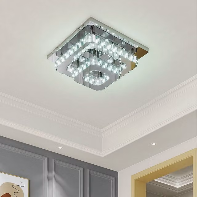 Komore Square Glamorous Crystal LED Ceiling Light in Silver and Chrome