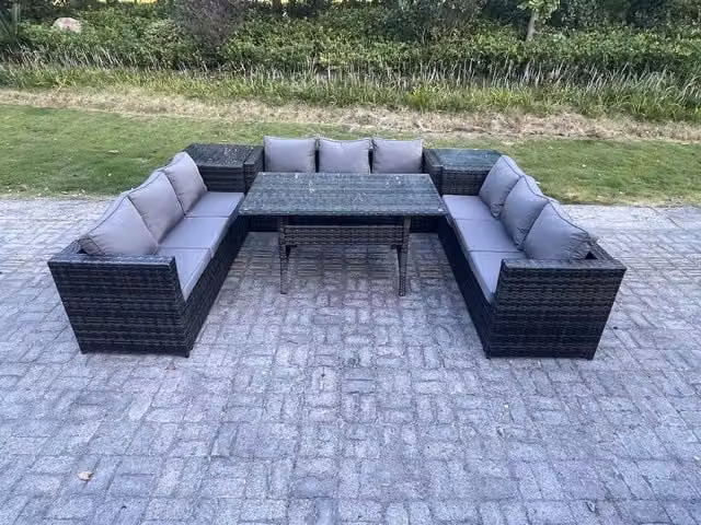 Fimous 9 Seater Rattan Garden Furniture Set with Rectangular Dining Table and 2 Side Tables in Dark Grey