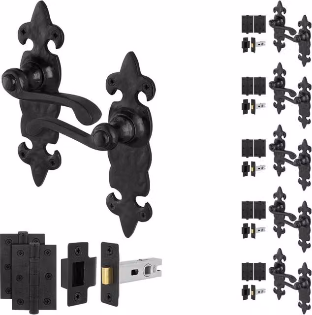 AFIT Black Antique Cast Iron Door Handle and Hinge Set with 64mm Latch, W/D/H: 15.0 x 15.0 x 1.5 cm