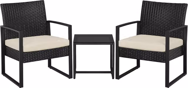 Yaheetech 3 Piece Rattan Patio Bistro Furniture Set in Black and Beige with Metal and Glass Details