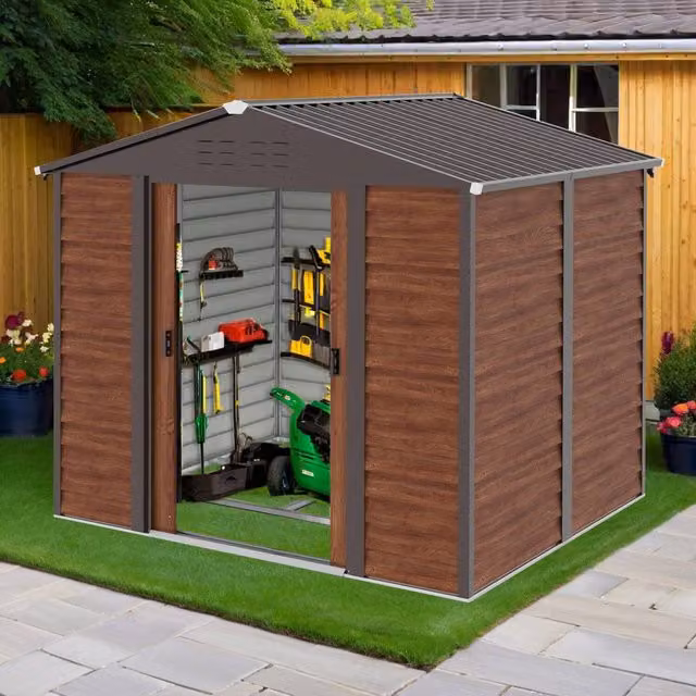 BIRCHTREE Metal Garden Shed in Brown Wood Grain with Gable Roof for Outdoor Tool and Bike Storage
