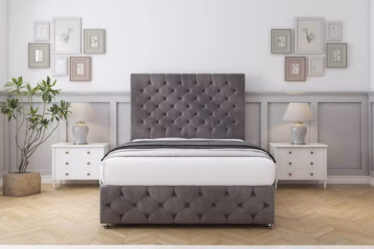 Sloomy Watson Naples Grey Velvet Upholstered Chesterfield Divan Set with 54 inch Headboard and 12 inch Footboard, Small Double, W/D/H: 120 x 200 x 25.4 cm