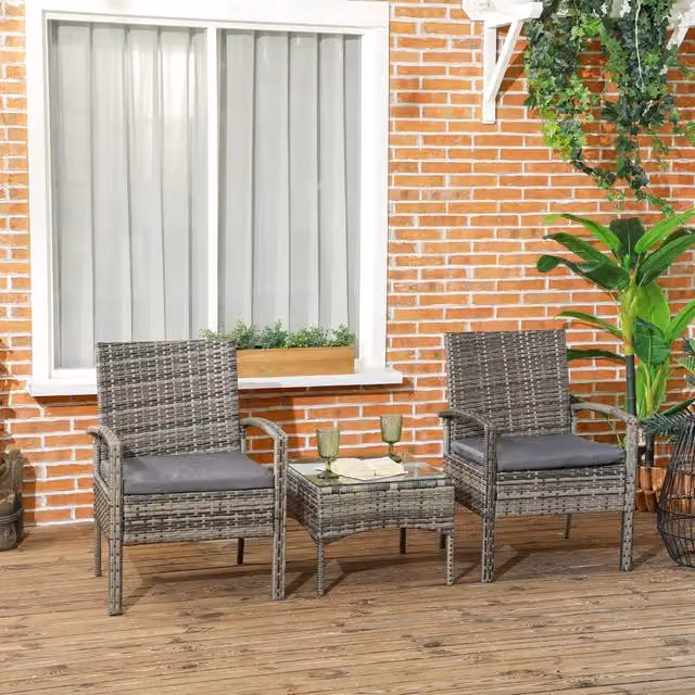 OUTSUNNY 3-Piece Grey Rattan Garden Bistro Set with Glass Top Table – 1