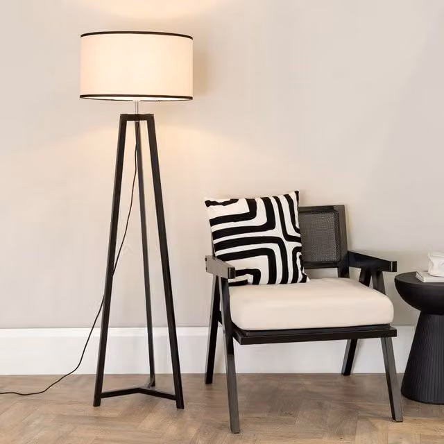 ValueLights Lottie Black Wood Tripod Floor Lamp with Black Fabric Cylinder Shade and LED Bulb – 2