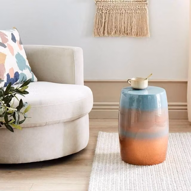 Wyld and Coco Modern Round Drum Accent Side Table in Gold, Brown and Blue Metal, Diameter: 28 cm – 1