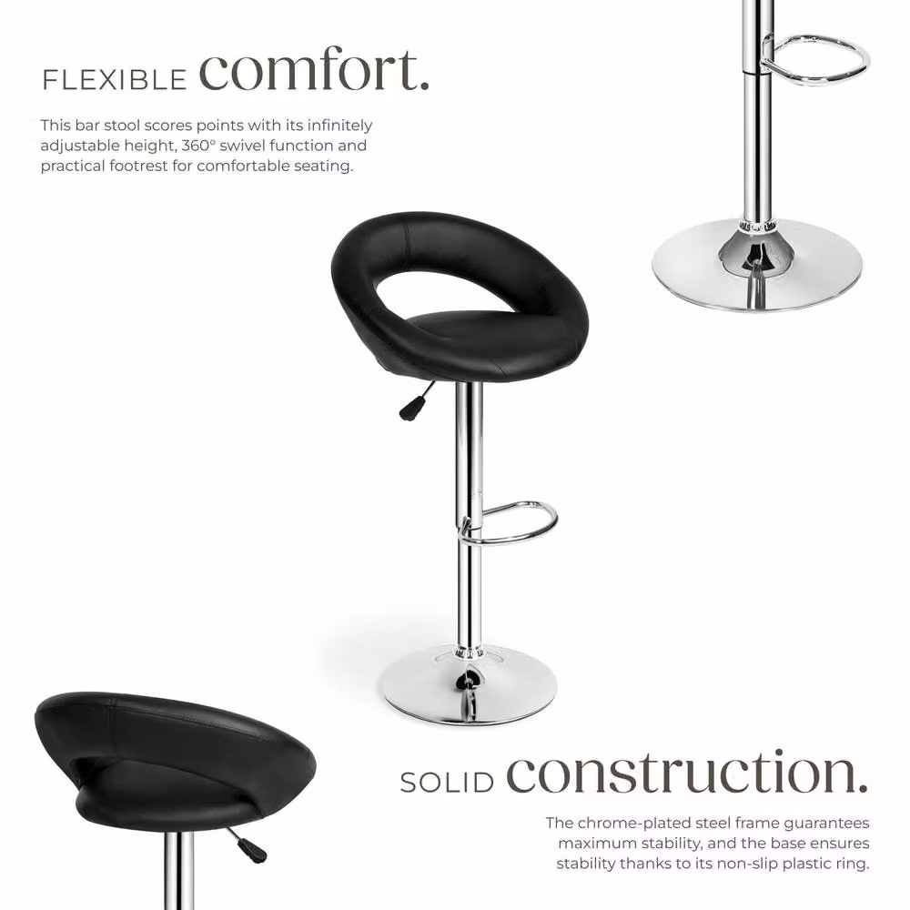 tectake Christian Set of 2 Modern Bar Stools in Black Synthetic Leather with Metal Frame – 3
