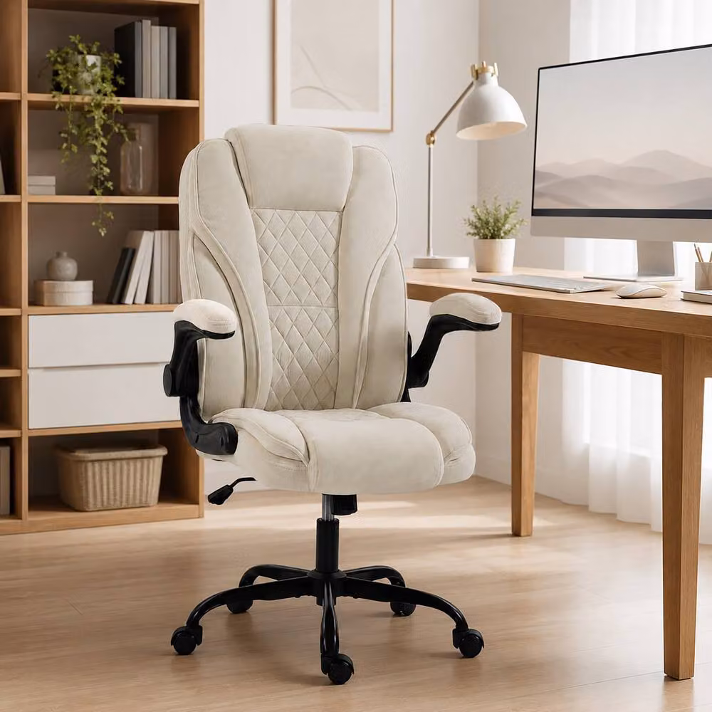 HOMCOM Beige Fabric Office Task Chair with Flip-up Armrests – 2