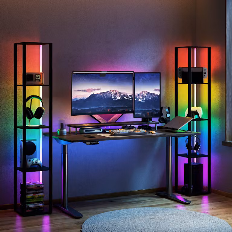 HOMCOM RGB LED Floor Lamp with Shelves, Modern Dimmable Standing Lamp with Remote Control, Black